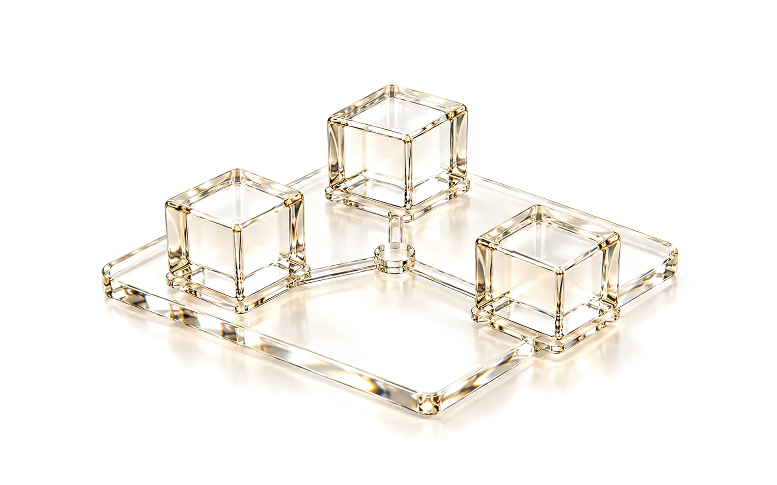 Three glass office cubes on one glass tile, linked by thin glass lines