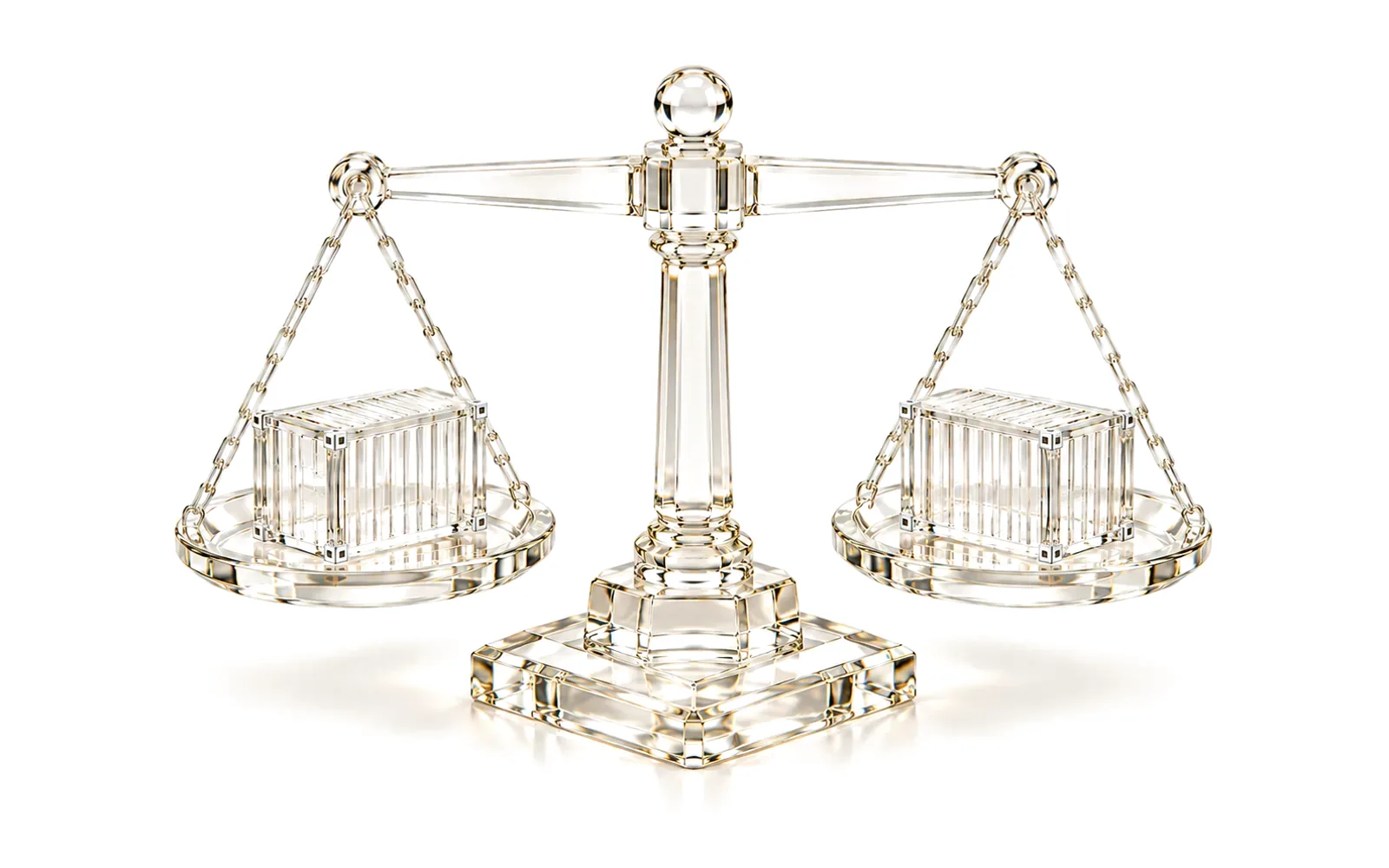 A clear glass balance scale with a glass shipping container on each pan