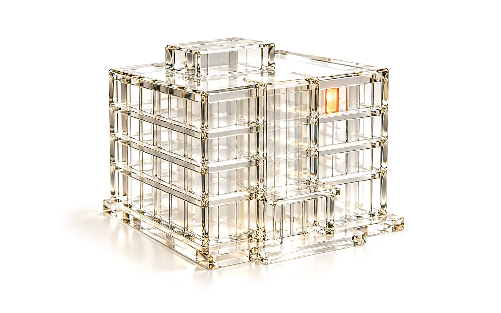 A glass office building with one warm lit window