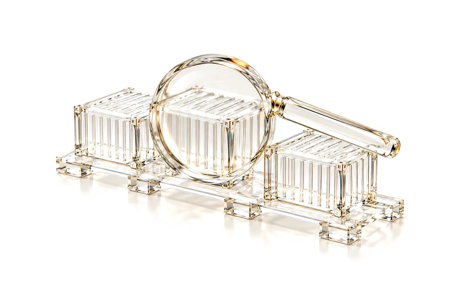 A clear glass magnifying lens over three glass shipping containers on a glass pallet