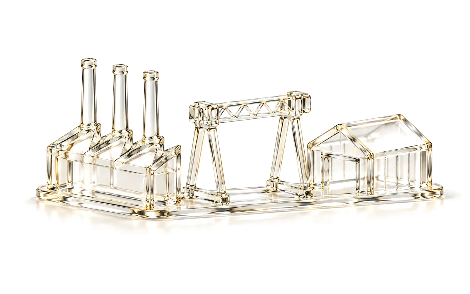 A glass factory, a glass gantry crane and a glass warehouse joined by one glass track